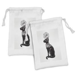 Ambesonne Occult Fabric Pouch Set of 2, Vintage Egyptian Cat Sphinx Eastern Design Artwork Print, Small Drawstring Bag for Toiletries Masks and Favors, 9" x 6", Black Grey