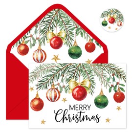 Whaline 24 Packs Merry Christmas Greeting Cards Xmas Ball Ornament Red Blank Note Cards with Envelopes and Stickers For Holiday New Year Party, 4 x 6 Inch