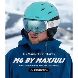 MAXJULI Ski Goggles Men Women,OTG Snow Goggles with Magnetic Interchangeable Anti-Fog HD Lens UV Protection M6(White Frame/Sapphire Iridium Lens)