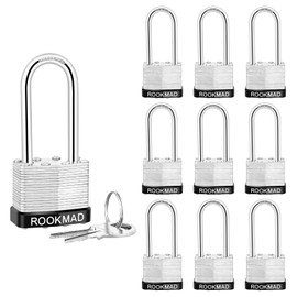 RookMad Keyed Padlocks, Laminated Steel Padlock, Keyed Alike Locks with Same Keys, Long Shackle, PE Plastic Hoop, The Lead Content of This Pad Lock complies with CA65, 10 Pack