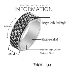 Nanafast Dragon Scale Anxiety Ring for Men Cool Stainless Steel Snake Dragon Scales Spinner Rings Fidget Ring Mens Ring Gift-Silver-11