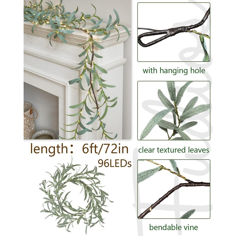 Fudios Lighted Olive Garland Battery Operated with Timer 96 LED