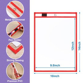 Nezyo Dry Erase Pockets Plastic Job Ticket Holders Shop Holder Order Pockets Clear Sleeves Tickets Folders Plastic Sleeves Paper Teacher Supplies for Classroom(14 x 10 in,Red,12 Pcs)
