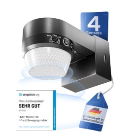 HUBER Motion 100 Infrared Motion Sensor 360° with 4 Sensors and Fresnel Lens - IP65 Motion Sensor LED Suitable I Includes Anti-Creep Protection & Area Limiting, Wall/Ceiling Mounting, Black