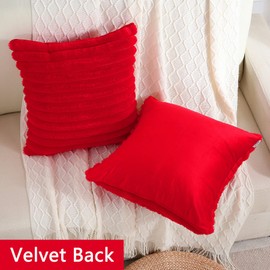 FUTEI Red Striped Decorative Throw Pillow Covers 18x18 Inch Set of 2,Square Winter Decorations Couch Pillow Case,Soft Cozy Faux Rabbit Fur & Velvet Back,Modern Home Decor for Bed
