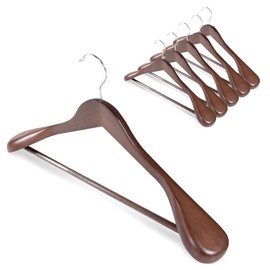 6 Pack Wooden Hangers with Wide Shoulder Design,Suit Hangers with Non Slip Pants Bar, Smooth Finish for Heavy Clothes,Sweater Coat Hanger for Closet,Mahogany Color