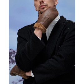 YISEVEN Men's Shearling Sheepskin Leather Gloves Mittens Lambskin Thick Fur Warm Wool Lined for Winter Cold Weather Dress Driving Work Gifts, Cognac Size Medium