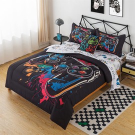 qjmiaofang Gamer Bedding Full for Boys Gamer Comforter Sets 7Pieces Video Game Bed Set Kids Gamer Bed in A Bag Gaming Comforter with Gamepad and Headset Sheets Controller Bed Set for Home