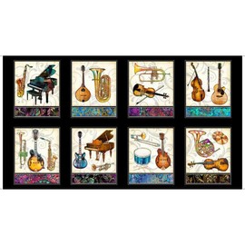 FlashPhoenix Quality Sewing Fabric – Music Horn Piano String Instruments Black Cotton Fabric Fine Tuning 24" x 44" Panel