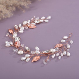 Teyglen Leaf Bride Wedding Headband Rose Gold Leaf Hair Vine Handmade Crystal Pearl Hair Piece Bridal Headpiece Rhinestone Hair Accessories for Women (Rose gold)