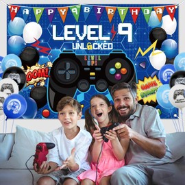 180x120 cm 9th Video Game Backdrop, 9th Birthday Decorations for Boy Level Up 9th Video Game Birthday Decorations Gaming Background Photo Props Blue Birthday Party Supplies for Boys Birthday