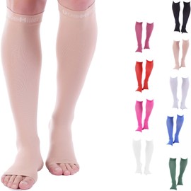 Doc Miller Calcetines de Compresión de Punta Abierta (1 par) 15-20 mmHg Medias de Compresión Para Ejercicio, Recuperación, Dolores, Varices, Mangas para Pantorrillas (Beige, Grande)