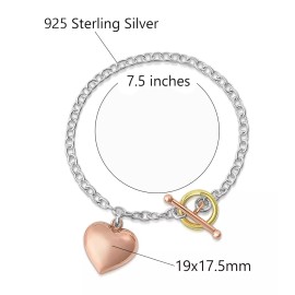 Verona Jewelers Italian 925 Sterling Silver Tri Color Toggle Heart Charm Bracelet 7.5 Inches