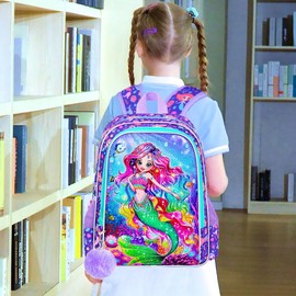 TXHVO 16" Mermaid Backpack, 3Pcs School Bookbag for Girls with Lunch Box, Kids Backpacks for Elementary Preschool Kindergarten(Purple)