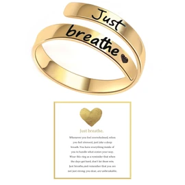 Angyape Just Breathe Ring For Women, Adjustable Inspirational Heart Rings Stainless Steel Spiral Wrap Twist Healing Rings To Sorority Sisters Open Motivational Encouragement Love Yourself Jewelry,