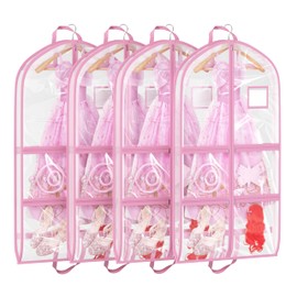 Furnhome Dance Costume Garment Bag, 40" Clear Waterproof Hanging Clothes Bag with 4M + 1L Zipper Pockets & Label Pocket for Dance Competitions, Travel, Closet Storage,Pink | 4 Pack
