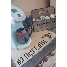 Coffee Maker Mat for your Coffee Machine, Burlap Coffee Bar Placemat, Coffee Station Accessories - Made in the USA (But First Coffee)