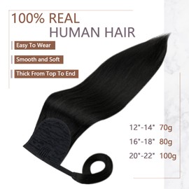Runature Real Hair Ponytail Extension, Black Braid Clip-In Fringe Extensions, Real Hair Black Braid Hairpiece, 30cm, #1B Black, 70g