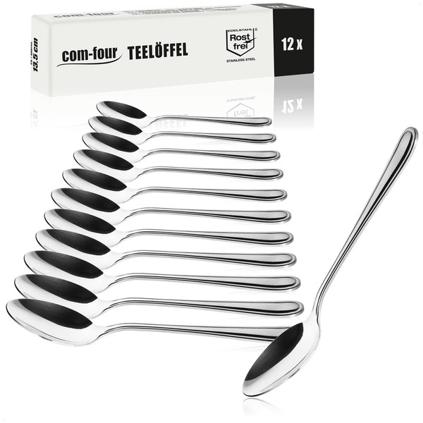 COM-FOUR® 12 x Stainless Steel Tea Spoons – Stylish Cutlery in Simple Design – Tea Spoon – Dessert Spoon – Tea Set – Approx. 13.5 cm (12 Pieces – Teaspoon 13.5 cm)
