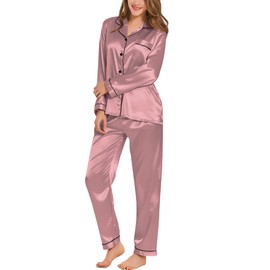 SWOMOG Satin Women's Pyjamas with Button Placket Long Sleeve Sleepwear Pyjamas Set Two Piece Sleepwear Leisure Suit PJs, Misty Rose