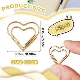 50pcs Mini Paper Clips, Small Gold Love Heart Shaped Paper Clips Bookmarks Tiny Metal Paper Clamps Cute Small Paperclip for Document Note Organizing Wedding Decorative Crafts Office School Supplies