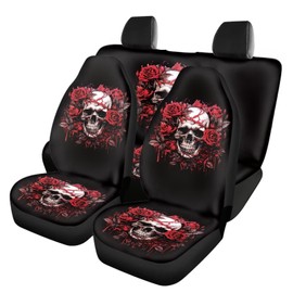 Bulopur Skull Car Seat Covers Full Set 4 Pack Red Rose Flower Bucket Seat Covers Automobile Protective Interior Accessories for Men Women for Car Sedan Auto Truck SUV