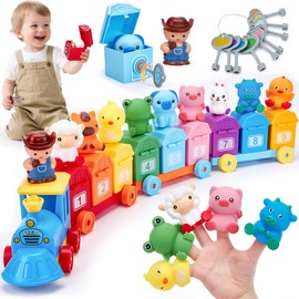 Toddler Learning Toys for 2 3 Year Old Boy - Counting Matching & Sorting Activity Montessori Train Set with Farm Animals, Finger Puppets, Keys to Lock and Unlock Barns, Preschool Toy Birthday Gift