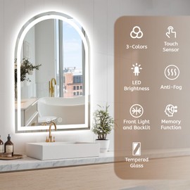 Hiefcce Arched LED Mirror for Bathroom 24"x36", Lighted Bathroom Vanity Mirror with Lights - Anti-Fog, Front Light and Backlit, Dimmable, 3 Colors