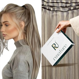 RUNATURE Weft Hair Extensions Human Hair Highlight Grey Blonde Double Weft Real Human Hair Weft Extensions 18 Inch 100 Gram