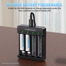 POWEROWL 4 Slots AA AAA Battery Charger, USB Fast Charging, Independent Slot, for Ni-MH Ni-CD Rechargeable Batteries, No Adapter