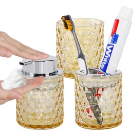 Fvstar Amber Glass Bathroom Accessories Set, Glass Toothbrush Holder, Soap Dispenser and Cups, Foaming Soap Dispenser and Toothbrush Holder, 3pcs Amber Bathroom Cups for Brush, Toothpaste