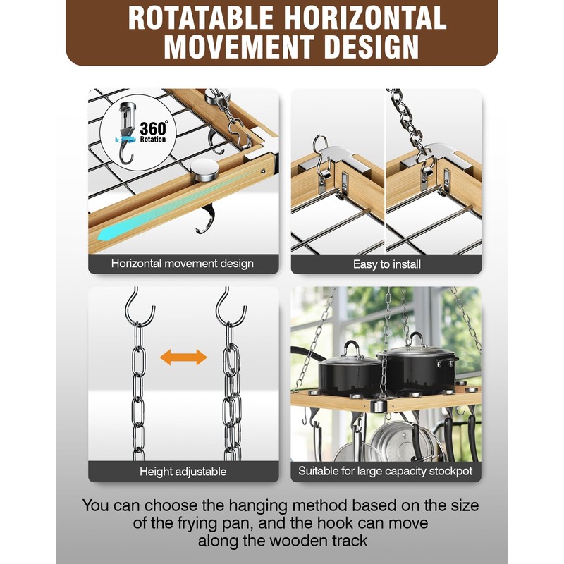 Cooks Standard Ceiling Mounted Wooden Pot Rack with Metal Grate,