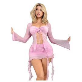 SHENHE Women's 2 Piece Rave Outfits Sheer Mesh Split Crop Top and Low Rise Ruffle Skirt Y2k Set Pink Small