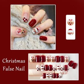 Rosarden Christmas False Nails Short - 24Pcs Stick on Nails - Cute Fake Nails with Santa Claus Christmas Elk Elements - Xmas Full Cover Acrylic False Nails
