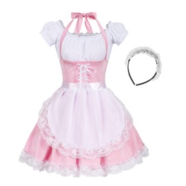 Colorful House Women's Anime Cosplay French Apron Maid Fancy Dress Costume (Medium, Pink-4Pcs)