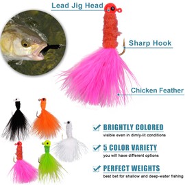 Crappie Jigs Marabou Feather Hair Jigs Bass Fishing Lure Jig Heads Hook for Crappie Trout Walleye Panfish 1/8oz 1/16oz 1/32oz