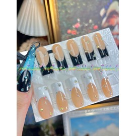 HAND-PAINTED Nails Press Ons Press on Nails Long French Tips White&black Press on Nails Coffin Medium Length Nail Art Fake Nail Kit with 7g Glue on Nails coffin Handmade Nail (X-Small, Style 31)