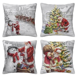 AMZQJD Pack of 4 cushion covers, Christmas element style pattern, decorative cotton linen cushion covers (50 x 50 cm, White Christmas)
