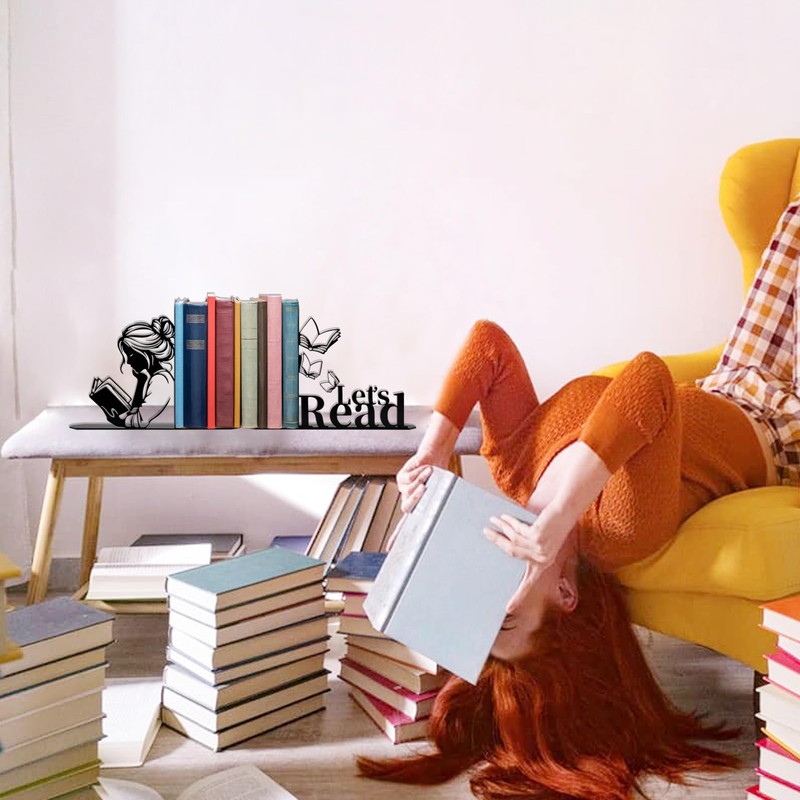 Metal Girl Reading Book Bookends，Lets Read Bookends for Shelves Bookshelf