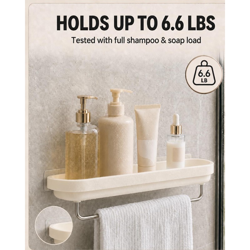 Adhesive Shower Caddy 2-Pack, Shower Shelves with Towel Bar, Cream