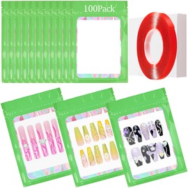 100PCS Empty Solid Green Holographic Nail Storage Bag Press on Nail Packaging Bag and 100PCS Shiny white cardboard Nail Tips Packaging Bags with 1 Roll Transparent Tape
