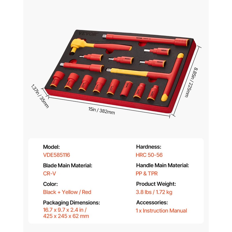 VEVOR Insulated Socket Set, 16-Piece Insulated Wrench Tool Set, 1000V