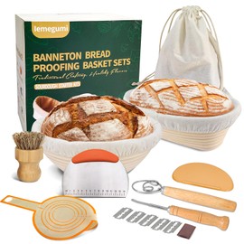 Iemegumi Banneton Bread Proofing Basket, 9 Inch Round and 10 Oval Natural Rattan Sourdough Bowls for Beautiful Spiral Bread Making, Dough Loaf Baking Supplies Kits Set Gifts for Starter