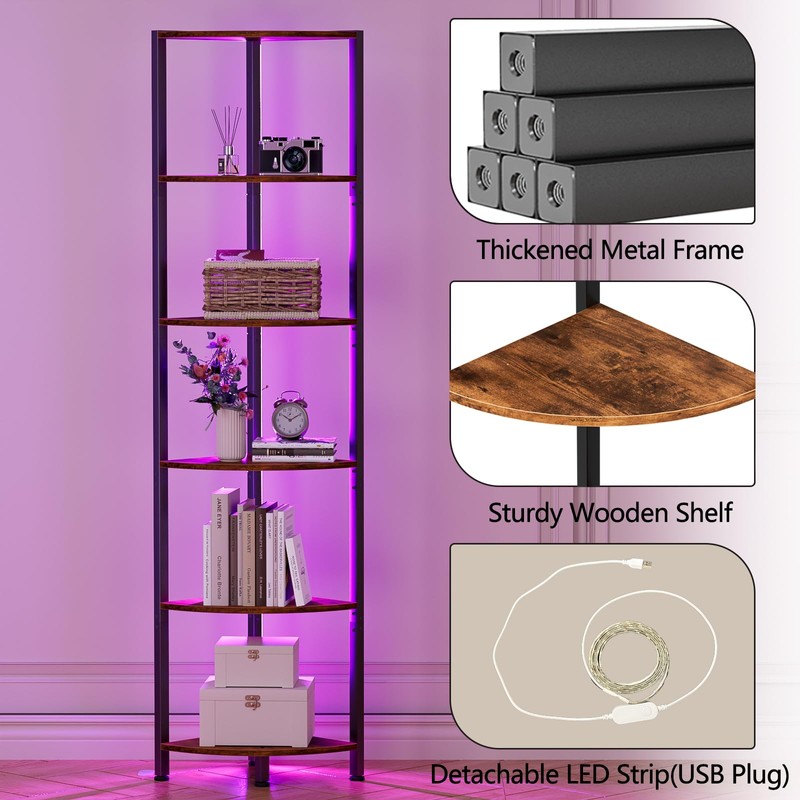 Furnulem 6 Tier Corner Shelf with LED Light, 67.5” Tall