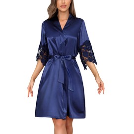 RSLOVE Women Satin Robe Lace Trim Kimono Bridesmaid Dressing Gown Long Bride Robes for Wedding Blue Large