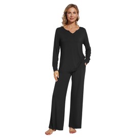 WiWi Women's Pajamas Set Long Sleeve Top and Pants with Soft Knit Sleepwear Viscose from Bamboo 2 Piece Cooling Pjs with Pockets S-XXL,Black,Medium