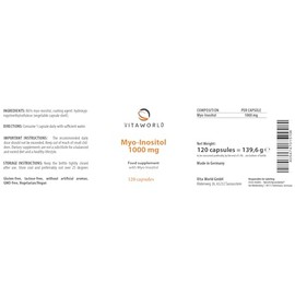 Vita World Myo-Inositol - High-dose inositol 1000mg (120 Vegan Capsules) l Important Messenger Substance for Cell Metabolism l Without unwanted additives, Gluten/Lactose Free