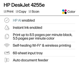 HP DeskJet 4255e Wireless All-in-One Color Inkjet Printer, Scanner, Copier, Best-for-home, 3 month Instant Ink trial included, AI-enabled (588S6A)
