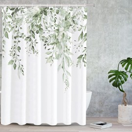Tititex Lime Light Green Eucalyptus Shower Curtain Sets, Watercolor Leaves on The Top Plant with Floral Bathroom Decoration 72x72 Inch with Hooks