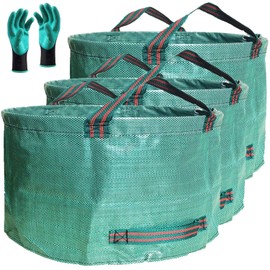 Professional 3-Pack 63 Gallon Lawn Garden Bags Large (D31,H19 inch) Yard Waste Bags W/Gardening Gloves,Standable,Reusable Leaf Bag,Lawn Debris Bin,Garden Trash Container,Plant Trimmings Bag 4 Handles